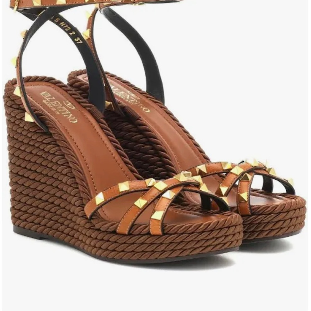 Valentino Brown Leather Rope Wedge Sandals with Gold Studs